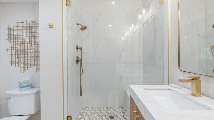 Bathroom, Glass Shower, Interior, Marble Walls