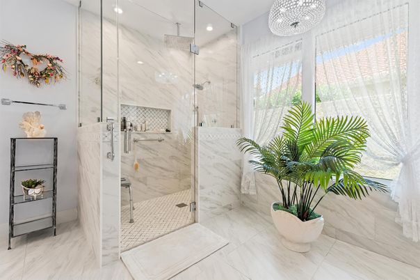 Bathroom, Glass Shower, Interior, Marble, Marble Walls, Recessed Lighting