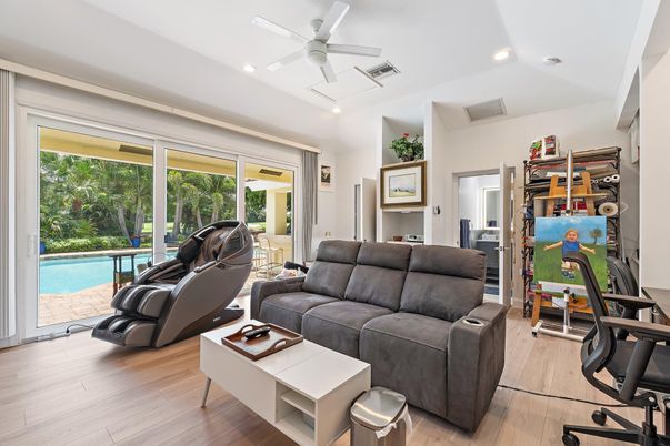 Home Office, Interior, Living room, Recessed Lighting, Wood Texture Flooring