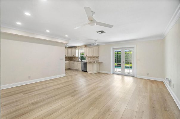 Empty room, Interior, Kitchen, Recessed Lighting, Wood Texture Flooring