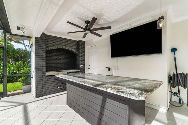 Fireplace, Interior, Kitchen, Pendant Lights, Stone Walls