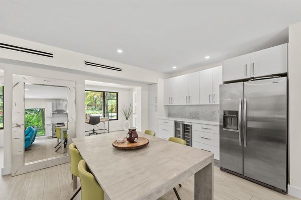 Dining room, Interior, Kitchen, Recessed Lighting, Stainless Steel Appliances, Wood Texture Flooring