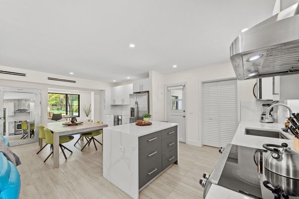 Dining room, Interior, Kitchen, Recessed Lighting, Stainless Steel Appliances, Wood Texture Flooring