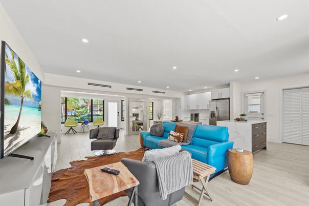 Dining room, Interior, Kitchen, Living room, Recessed Lighting, Stainless Steel Appliances, Wood Texture Flooring