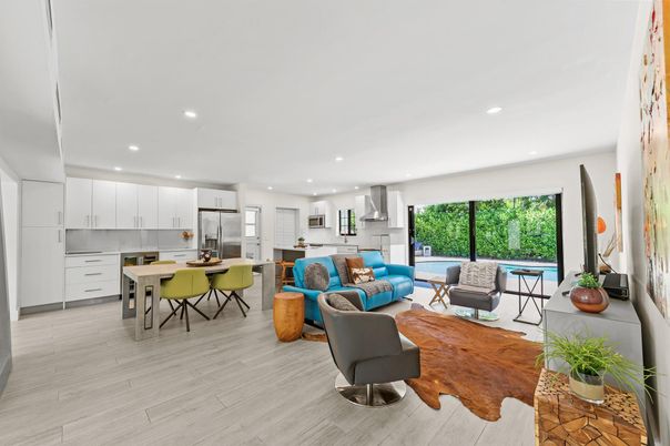 Dining room, Interior, Kitchen, Living room, Recessed Lighting, Stainless Steel Appliances, Wood Texture Flooring