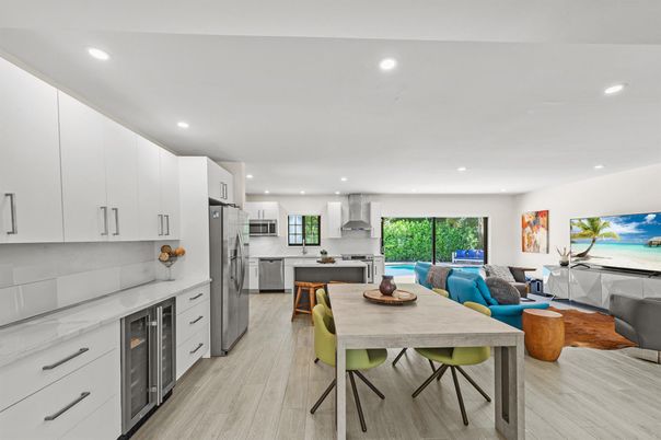 Dining room, Interior, Kitchen, Living room, Recessed Lighting, Stainless Steel Appliances, Wood Texture Flooring