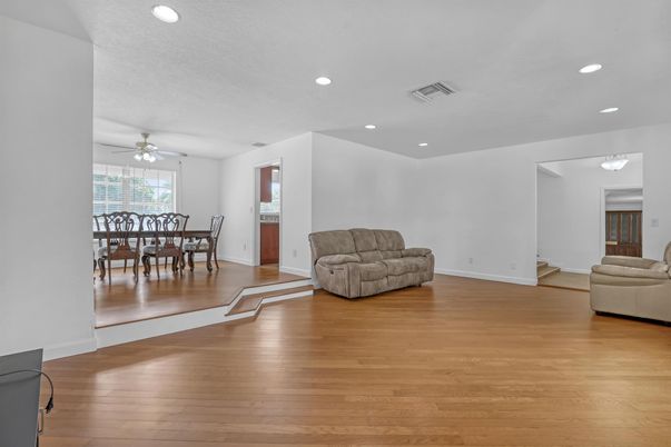 Dining room, Interior, Recessed Lighting, Wood Texture Flooring