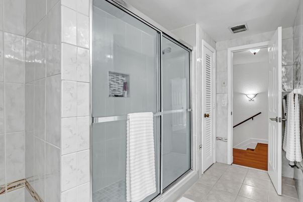 Bathroom, Glass Shower, Interior, Wood Texture Flooring
