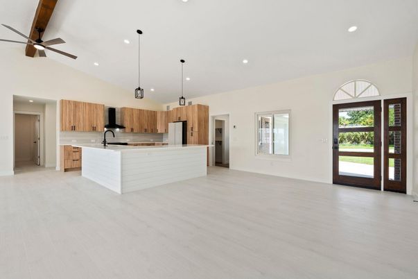 Empty room, Interior, Kitchen, Pendant Lights, Recessed Lighting, Wood Texture Flooring