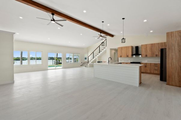 Interior, Kitchen, Pendant Lights, Recessed Lighting, Water, Wooden Beams, Wood Texture Flooring