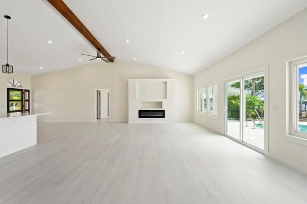 Empty room, Fireplace, Interior, Recessed Lighting, Wooden Beams, Wood Texture Flooring
