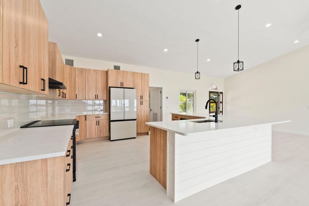 Interior, Kitchen, Pendant Lights, Recessed Lighting, Wood Texture Flooring