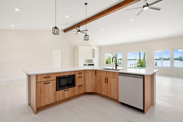 Interior, Kitchen, Pendant Lights, Recessed Lighting, Water, Wood Texture Flooring
