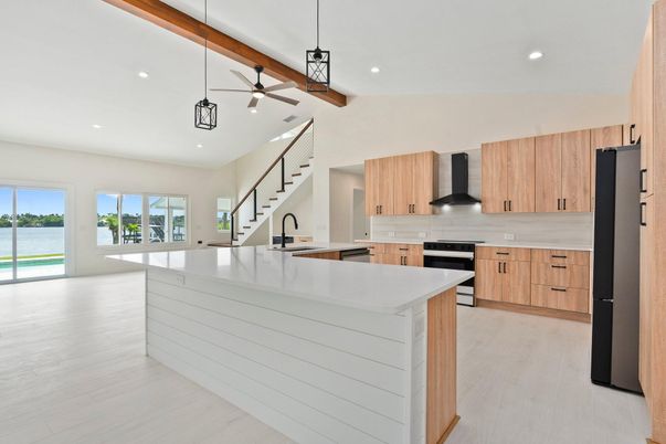 Interior, Kitchen, Pendant Lights, Recessed Lighting, Water, Wooden Beams, Wood Texture Flooring