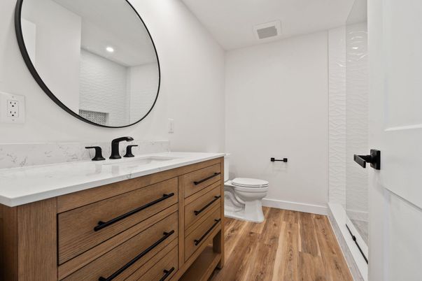 Bathroom, Interior, Recessed Lighting, Wood Texture Flooring