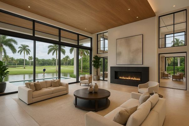 Fireplace, Interior, Living room, Recessed Lighting, Water, Wooden Ceilings