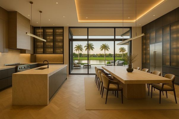 Dining room, Interior, Kitchen, Pendant Lights, Recessed Lighting, Water, Wood Texture Flooring