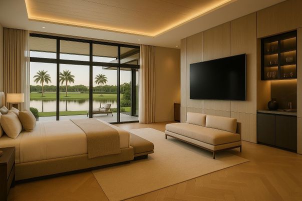 Bedroom, Interior, Recessed Lighting, Water, Wood Texture Flooring
