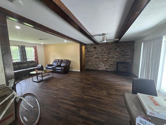 Interior, Living room, Recessed Lighting, Stone Walls, Wood Texture Flooring