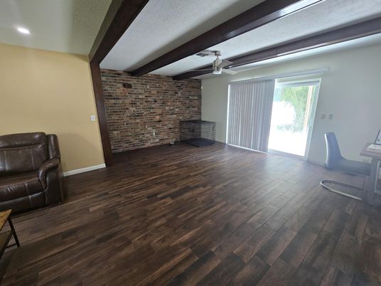 Empty room, Interior, Recessed Lighting, Stone Walls, Wood Texture Flooring