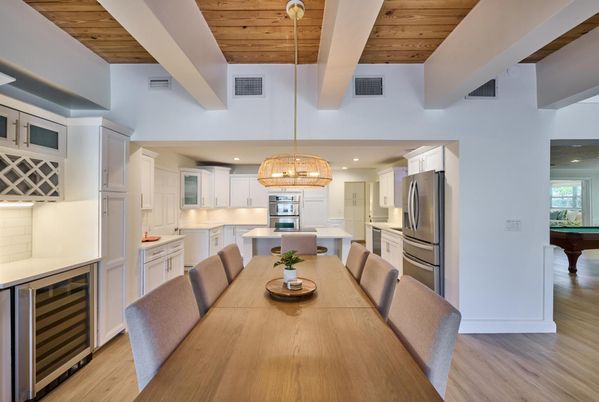 Dining room, Interior, Kitchen, Pendant Lights, Recessed Lighting, Stainless Steel Appliances, Wooden Ceilings, Wood Texture Flooring