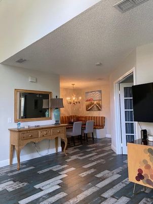 Chandelier, Dining room, Interior, Wood Texture Flooring