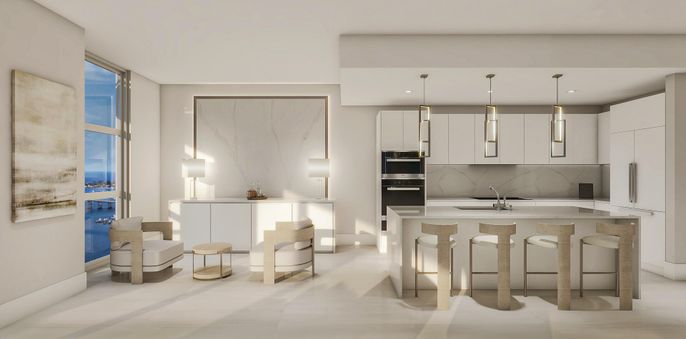 Interior, Kitchen, Marble Walls, Pendant Lights
