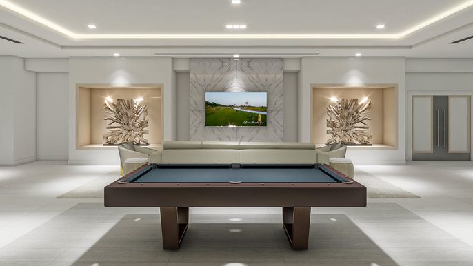 Billiard Table, Game Room, Interior, Marble Walls, Recessed Lighting