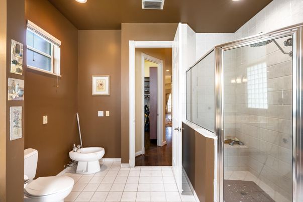 Bathroom, Glass Shower, Interior, Recessed Lighting, Wood Texture Flooring