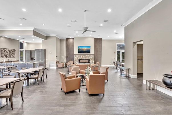 Dining room, Fireplace, Interior, Living room, Recessed Lighting, Wood Texture Flooring