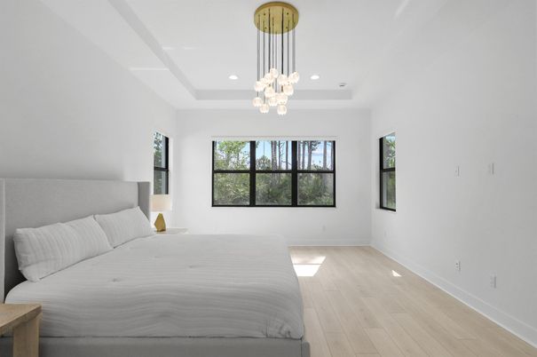 Bedroom, Interior, Pendant Lights, Recessed Lighting, Wood Texture Flooring