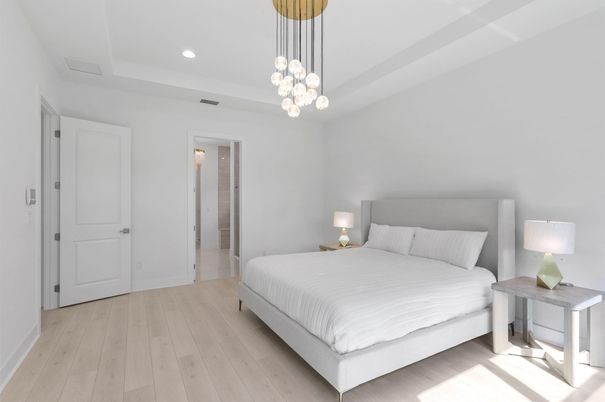 Bedroom, Interior, Pendant Lights, Recessed Lighting, Wood Texture Flooring