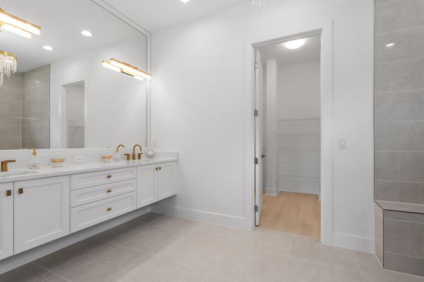 Bathroom, Dual Sink Vanities, Interior, Recessed Lighting, Wood Texture Flooring