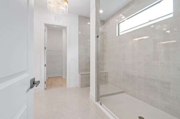 Bathroom, Chandelier, Glass Shower, Interior, Recessed Lighting, Wood Texture Flooring