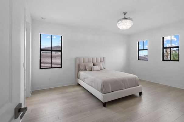 Bedroom, Chandelier, Interior, Wood Texture Flooring
