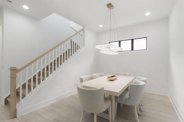 Chandelier, Dining room, Interior, Pendant Lights, Recessed Lighting, Wood Texture Flooring