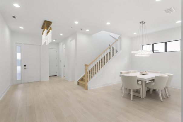 Chandelier, Dining room, Interior, Pendant Lights, Recessed Lighting, Wood Texture Flooring
