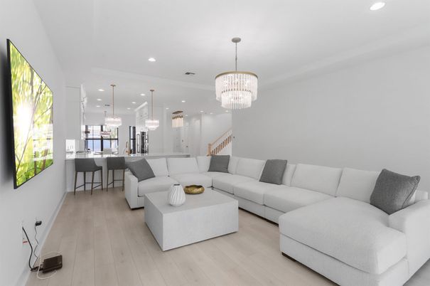 Chandelier, Interior, Kitchen, Living room, Pendant Lights, Recessed Lighting, Wood Texture Flooring