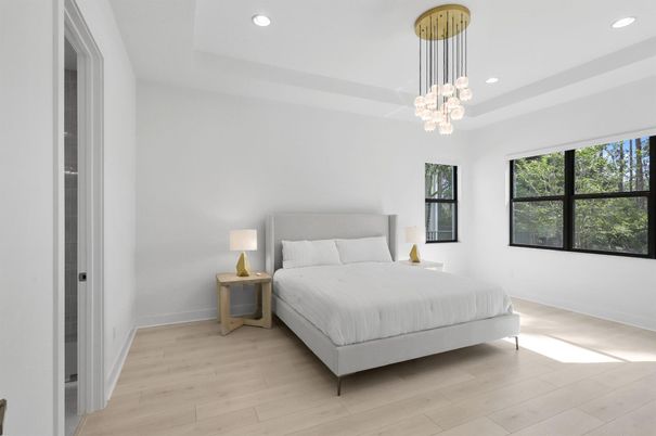 Bedroom, Interior, Pendant Lights, Recessed Lighting, Wood Texture Flooring