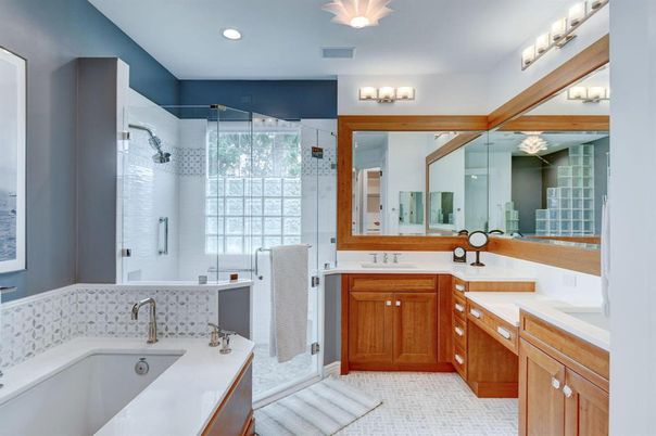 Bathroom, Dual Sink Vanities, Glass Shower, Interior, Recessed Lighting