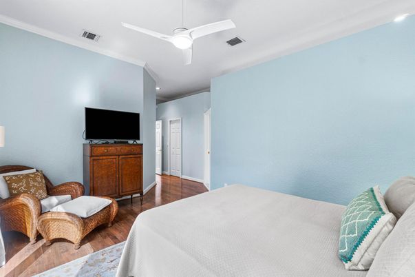 Bedroom, Interior, Recessed Lighting, Wood Texture Flooring