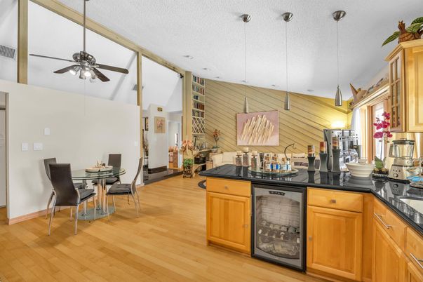 Dining room, Interior, Kitchen, Pendant Lights, Wood Texture Flooring