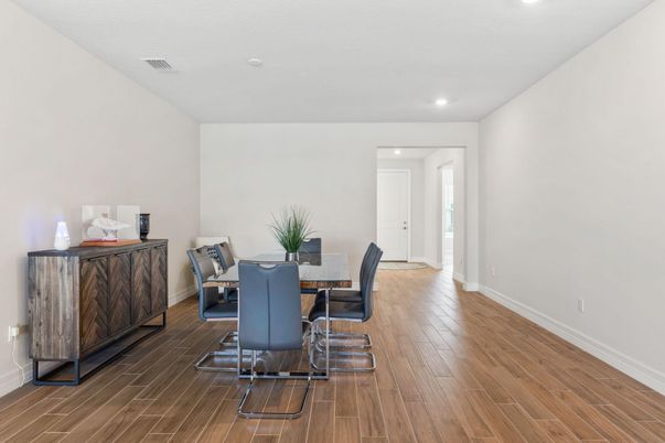 Dining room, Interior, Recessed Lighting, Wood Texture Flooring