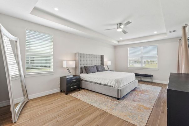 Bedroom, Interior, Recessed Lighting, Wood Texture Flooring