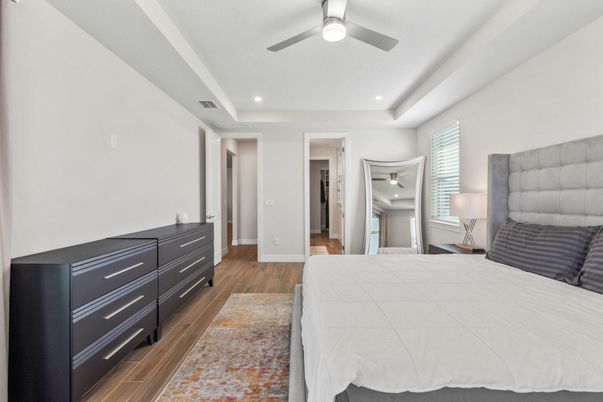 Bedroom, Interior, Recessed Lighting, Wood Texture Flooring