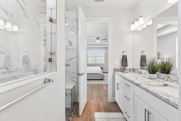 Bathroom, Bedroom, Dual Sink Vanities, Glass Shower, Interior, Marble Walls, Wood Texture Flooring