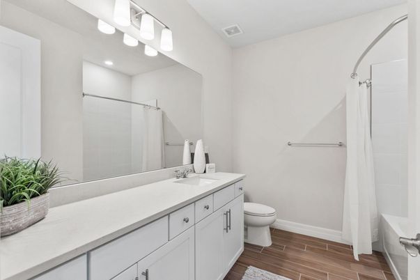 Bathroom, Interior, Recessed Lighting, Wood Texture Flooring
