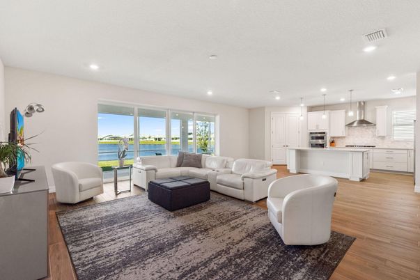 Interior, Kitchen, Living room, Pendant Lights, Recessed Lighting, Stainless Steel Appliances, Water, Wood Texture Flooring