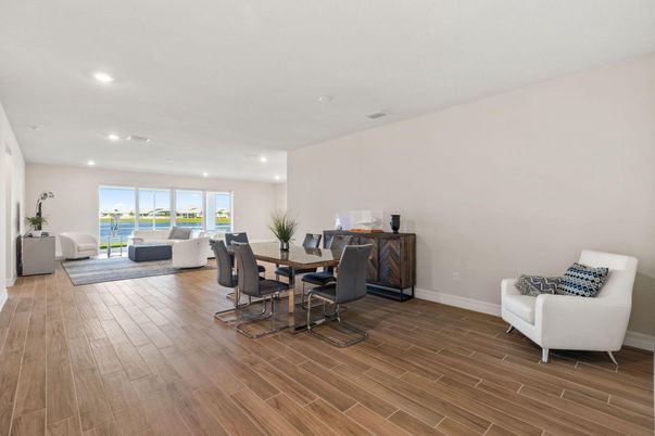 Dining room, Interior, Living room, Recessed Lighting, Water, Wood Texture Flooring