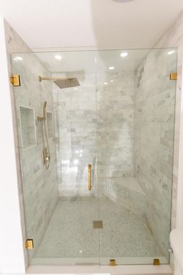 Bathroom, Glass Shower, Interior, Marble Walls, Recessed Lighting